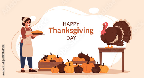 Happy woman prepares for a traditional Thanksgiving celebration, holding a freshly baked pie next to a large turkey and many orange pumpkins.