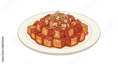 Illustrated plate of crispy fried tofu with savory sauce and fried shallots