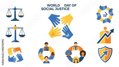 Vector illustrations for World Day of Social Justice, featuring diverse people, law, and equality symbols in blue, yellow, and orange hues on a white background.