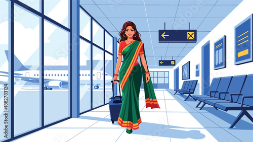 Flat vector illustration of an Indian woman in a traditional sari walking through an airport terminal with suitcase, modern travel lifestyle, cultural fashion, journey and tourism concept