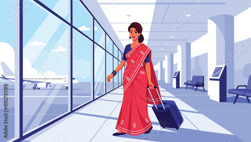 Flat vector illustration of an Indian woman in a traditional sari walking through an airport terminal with suitcase, modern travel lifestyle, cultural fashion, journey and tourism concept
