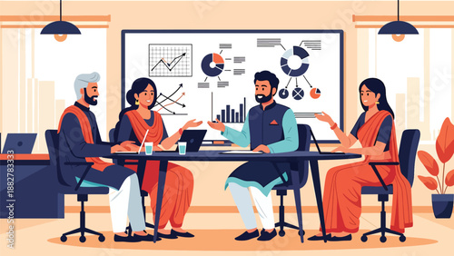Flat vector illustration of Indian business team in traditional sari and kurta discussing charts in modern office meeting room, corporate teamwork, data analysis, leadership and professional collabora