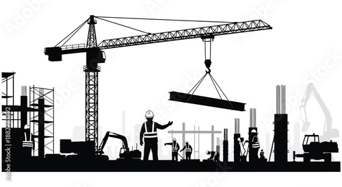 a stark black and white illustration depicts construction equipment including a large crane workers and building structures silhouette high quality professional