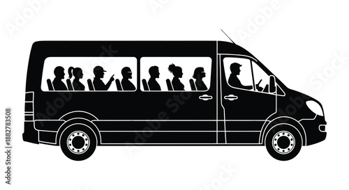 a side view illustration depicting a black passenger van with multiple windows and people inside presented as a striking silhouette