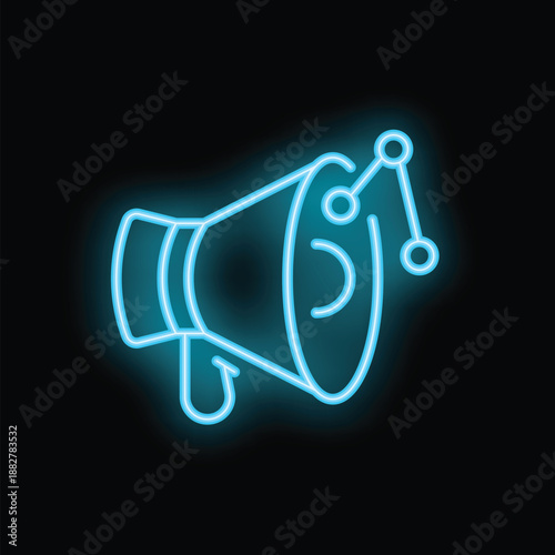 Blue neon megaphone is making a social media marketing campaign announcement