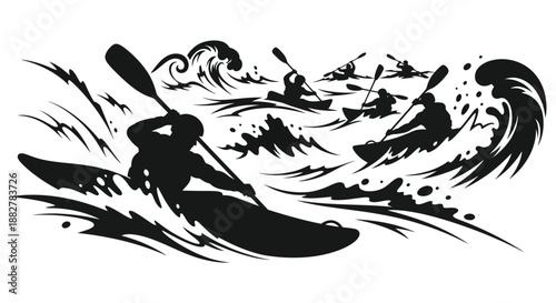 a dynamic illustration depicts multiple people kayaking through turbulent water creating a sense of motion and adventure silhouette high quality professional