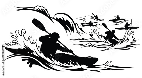 a striking black and white illustration depicts a group of kayakers navigating a turbulent river showcasing dynamic motion and water spray silhouette