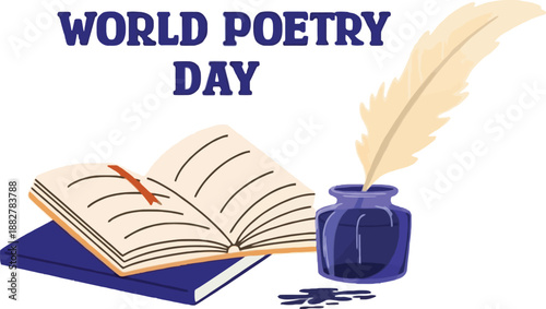 World Poetry Day Composition with Open Notebook, Blue Inkwell and Feather Quill Pen on White Background