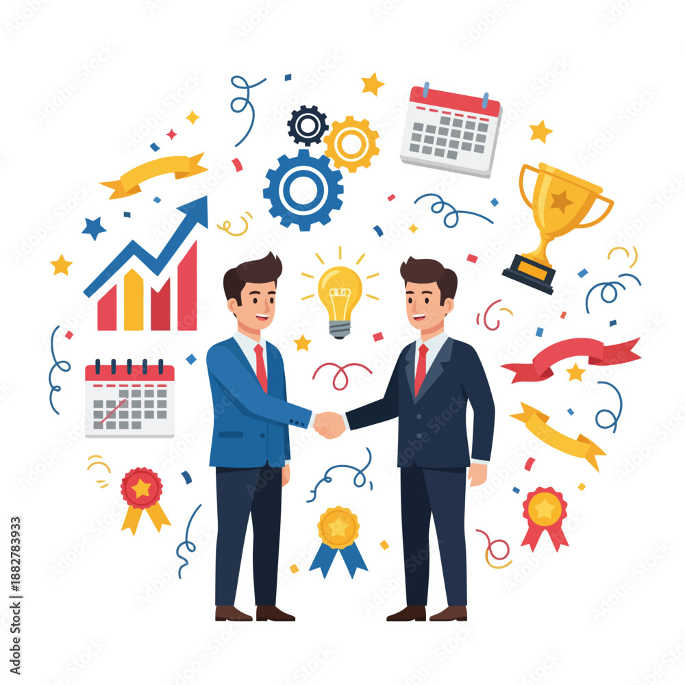 Naklejka premium Two businessmen shaking hands with business growth, idea, calendar, and award icons symbolizing