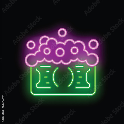 Neon sign representing the concept of money laundering with a credit card covered with soap suds