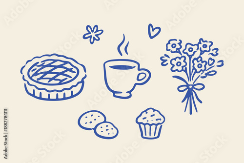 Pie coffee and flowers cozy doodle line art vector illustration