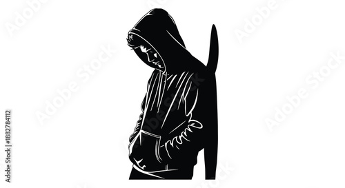 a striking black and white illustration depicts a hooded figure holding a pole rendered in a dramatic and stylized manner silhouette