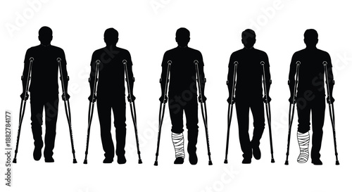 a row of five black human figures depicted in a striking silhouette style each using crutches to assist with mobility and walking