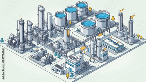 Industrial Oil Refinery Complex with Storage Tanks and Towers.