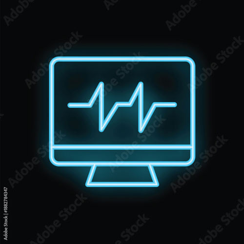 Neon blue desktop computer icon is glowing on dark background showing blue ekg heartbeat line