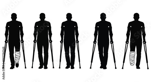 a row of five black silhouettes depicting figures with various leg injuries and crutches against a stark white background silhouette