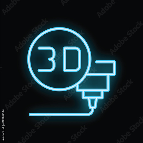 Neon icon of a 3d printer printing an object, glowing blue against a dark background