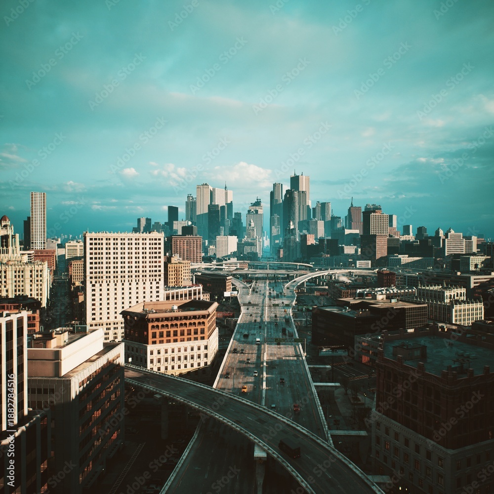 Fototapeta premium Tall buildings stretch towards the sky in a bustling city. Highways weave through the urban landscape. A serene blue sky creates a dynamic backdrop as vehicles move steadily along the roads.