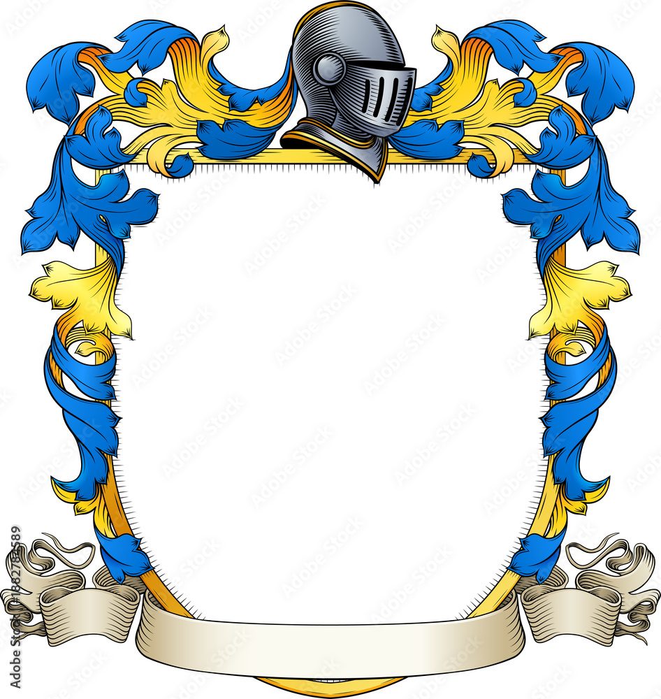 Fototapeta premium A coat of arms or crest family heraldry medieval heraldic knight shield with helmet and acanthus filigree scroll ornament in a vintage woodcut style.