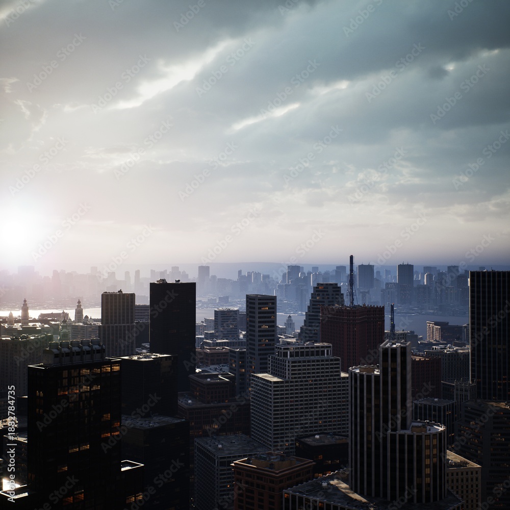 Fototapeta premium As the sun sets behind the urban skyline, a golden light spills over towering buildings. Dark clouds add a sense of drama to the vibrant cityscape rich with life and potential.