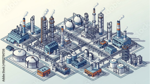 Industrial Chemical Plant Complex with Smokestacks and Tanks.