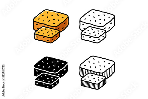 Sponge baked cake pieces and square icon design set with colorful, outline, solid and engraved style for bakery, dessert, food, culinary. Vector illustration
