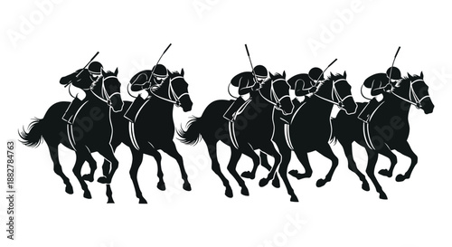 a striking illustration depicting a group of horses and riders engaged in a dynamic race captured in a bold and dramatic silhouette