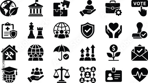 Essential Icons of Civic Engagement and Support: A collection of diverse and impactful icons, perfect for representing concepts of protection, business, and voting.