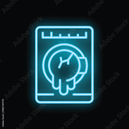 Blue neon icon of a broken clock melting in a smartphone on a black background representing wasted time