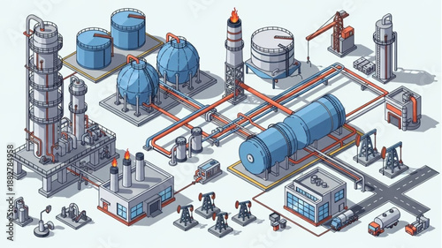 Industrial Oil Refinery Complex Isometric Illustration.