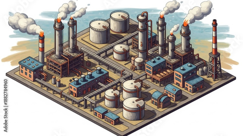Industrial Oil Refinery Complex with Smokestacks and Storage Tanks.