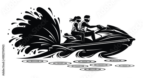 a striking illustration depicting a couple riding a jet ski amidst splashing water and stylized waves rendered as a bold silhouette