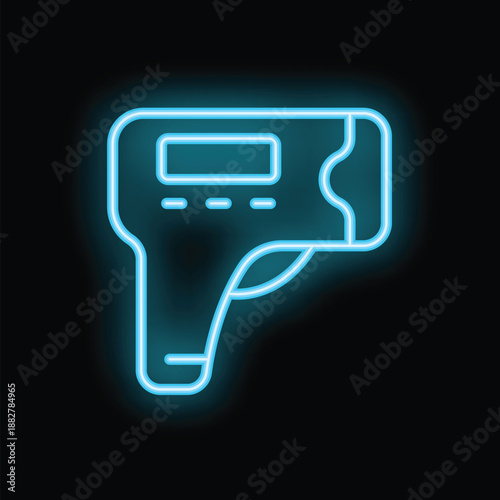 Blue neon icon of a contactless digital infrared thermometer showing temperature on a black background