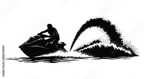 a striking black and white illustration depicts a person riding a jet ski creating a powerful splash and dynamic water spray silhouette