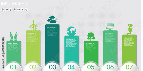 A blurry infographic with seven green bottles or containers labeled 01 to 07