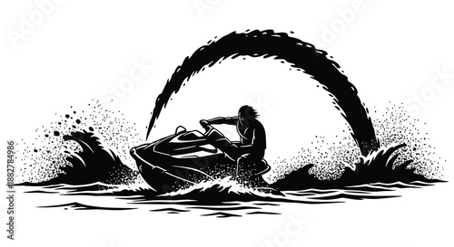 a striking illustration depicts a person riding a jet ski amid splashing water and a circular spray presented as a bold silhouette