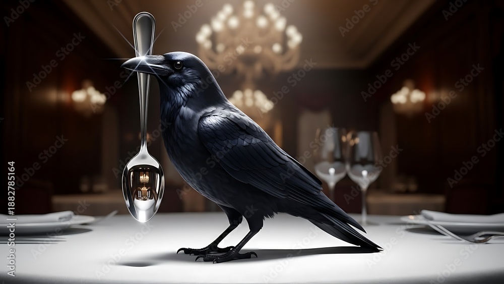 Fototapeta premium Black raven holding a shiny spoon in a formal dining room crow bird