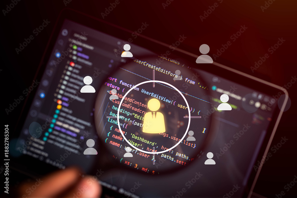 Fototapeta premium Digital user management concept with software source code on tablet screen, magnified profile icon, data connections and UI elements, representing authentication, cybersecurity, developer.