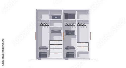 Modern open wardrobe with organized clothes and storage boxes, minimalist closet interior design
