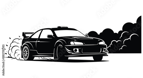a striking black and white illustration depicts a sporty car drifting showcasing speed and motion with dramatic smoke and a bold silhouette