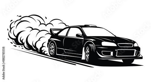 a dynamic illustration depicts a black sports car drifting with smoke showcasing speed and motion in a striking silhouette high quality