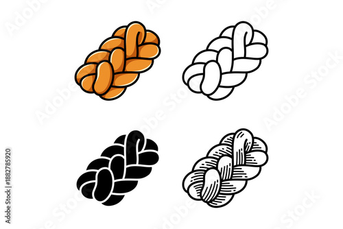 Braided bread, Challah loaf, Woven bread, Plaited loaf icon design set with colorful, outline, solid and engraved style for snack, cafes, food, culinary. Vector illustration