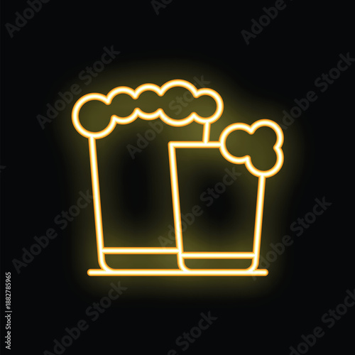 Yellow neon sign showing two beer glasses with foam on top, isolated on a black background