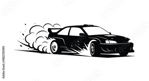 a dynamic illustration depicting a black sports car drifting with stylized smoke effects rendered in a striking silhouette design high quality