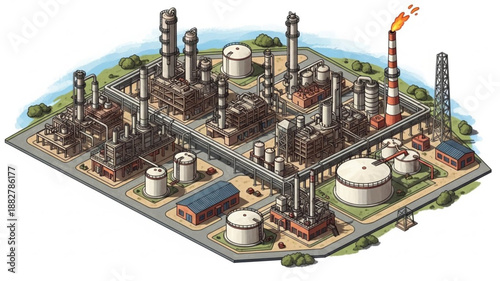 Industrial Oil Refinery Complex with Smokestacks and Tanks.
