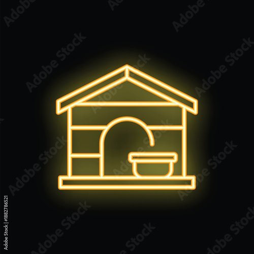 Yellow neon icon of a dog house with bowl glowing on a black brick wall