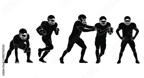 a dynamic sequence showcasing a football player in various action poses presented as a striking black silhouette against a stark white background