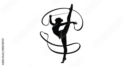 a striking black silhouette depicts a graceful rhythmic gymnast performing a dynamic pose with a flowing ribbon in a circular motion