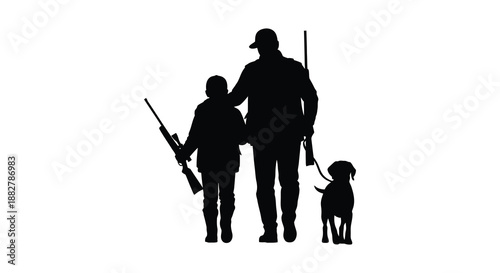 a striking black silhouette depicts a hunter a child and a dog walking together rifles in hand against a stark white background silhouette