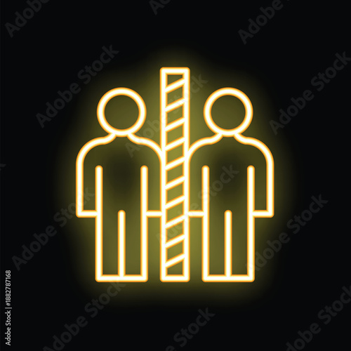 Glowing neon icon featuring two individuals separated by a barrier, symbolizing the concept of social distancing